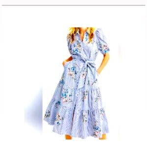 NEW Veronica Beard Blue White Stripe Flowy Shirt Dress Floral Embroidery Size 12